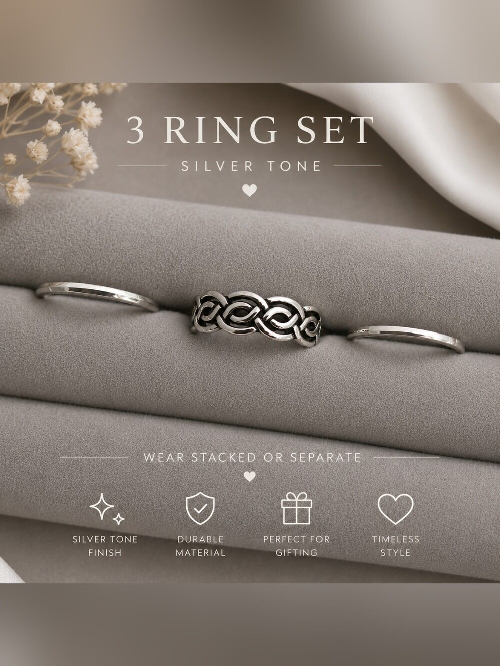 Silver Tone 3-Ring Set — Women’s Interwoven Ring Trio